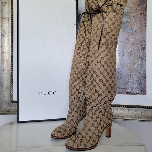 Gucci Lisa Over The Knee Boots GG Supreme Monogram Canvas Size 9 40 - Picture 2 of 10